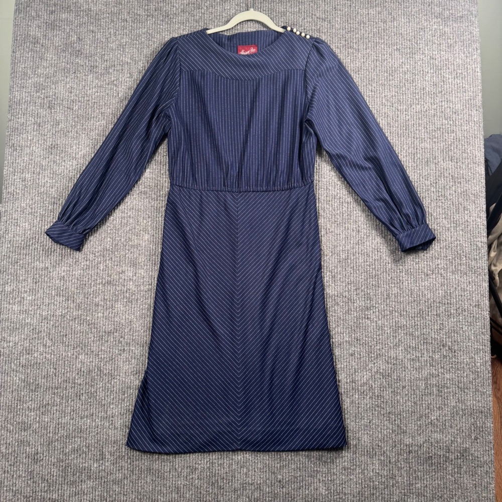 Vintage Sharon Dee Navy Pinstripe Midi Dress‎ Long Sleeve Secretary 80s 10